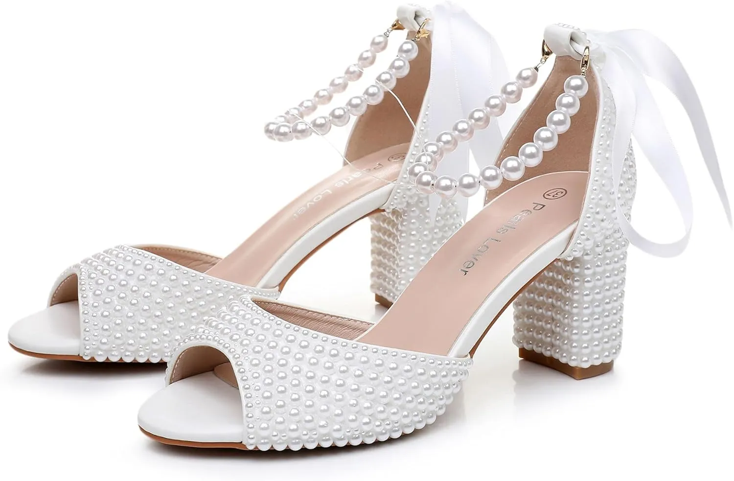 3 Inches Women Open Toe Sandals Square High Heels Banquet White Pearl Ribbon Dress Wedding Shoes