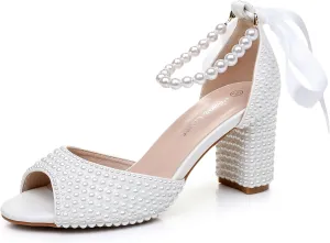 3 Inches Women Open Toe Sandals Square High Heels Banquet White Pearl Ribbon Dress Wedding Shoes