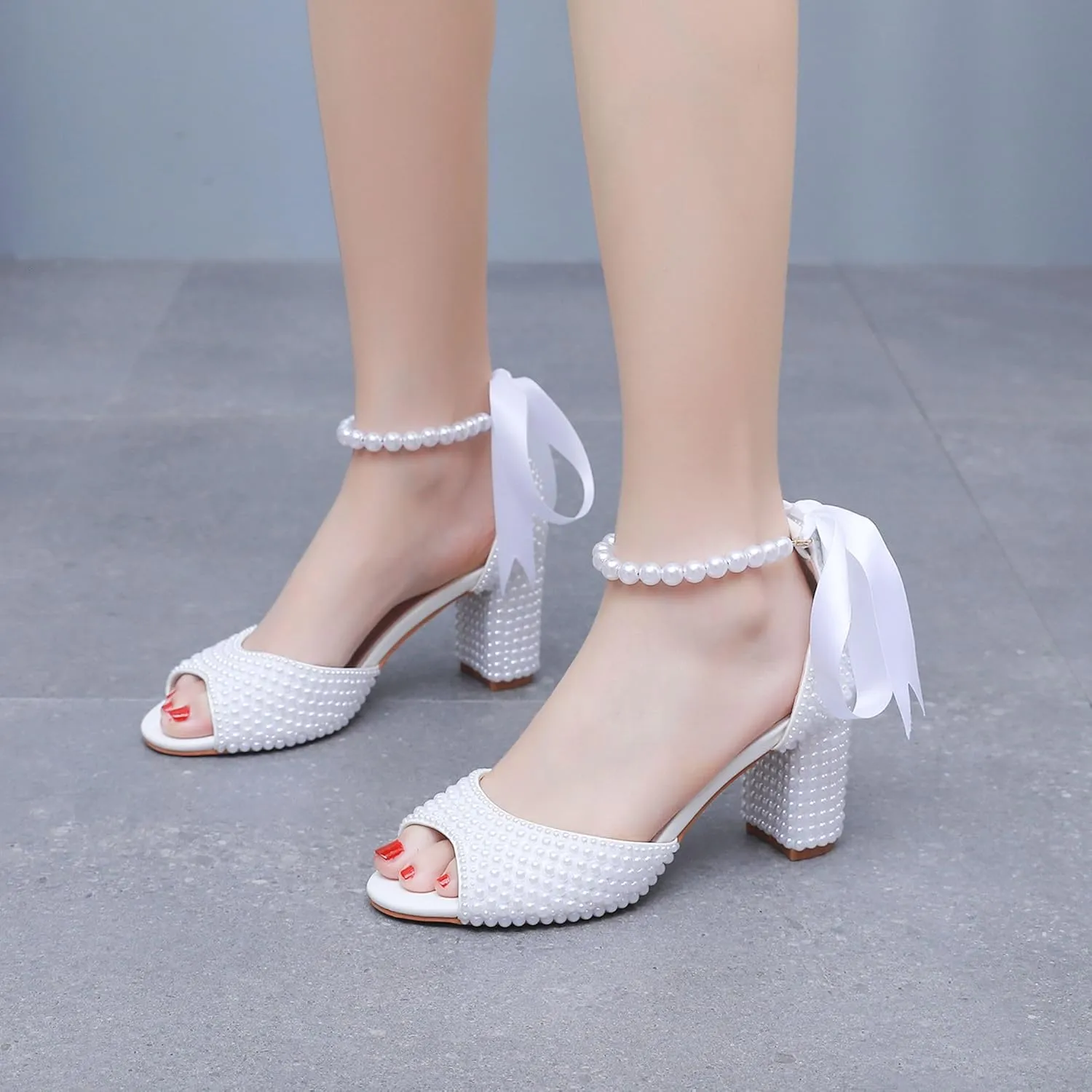 3 Inches Women Open Toe Sandals Square High Heels Banquet White Pearl Ribbon Dress Wedding Shoes