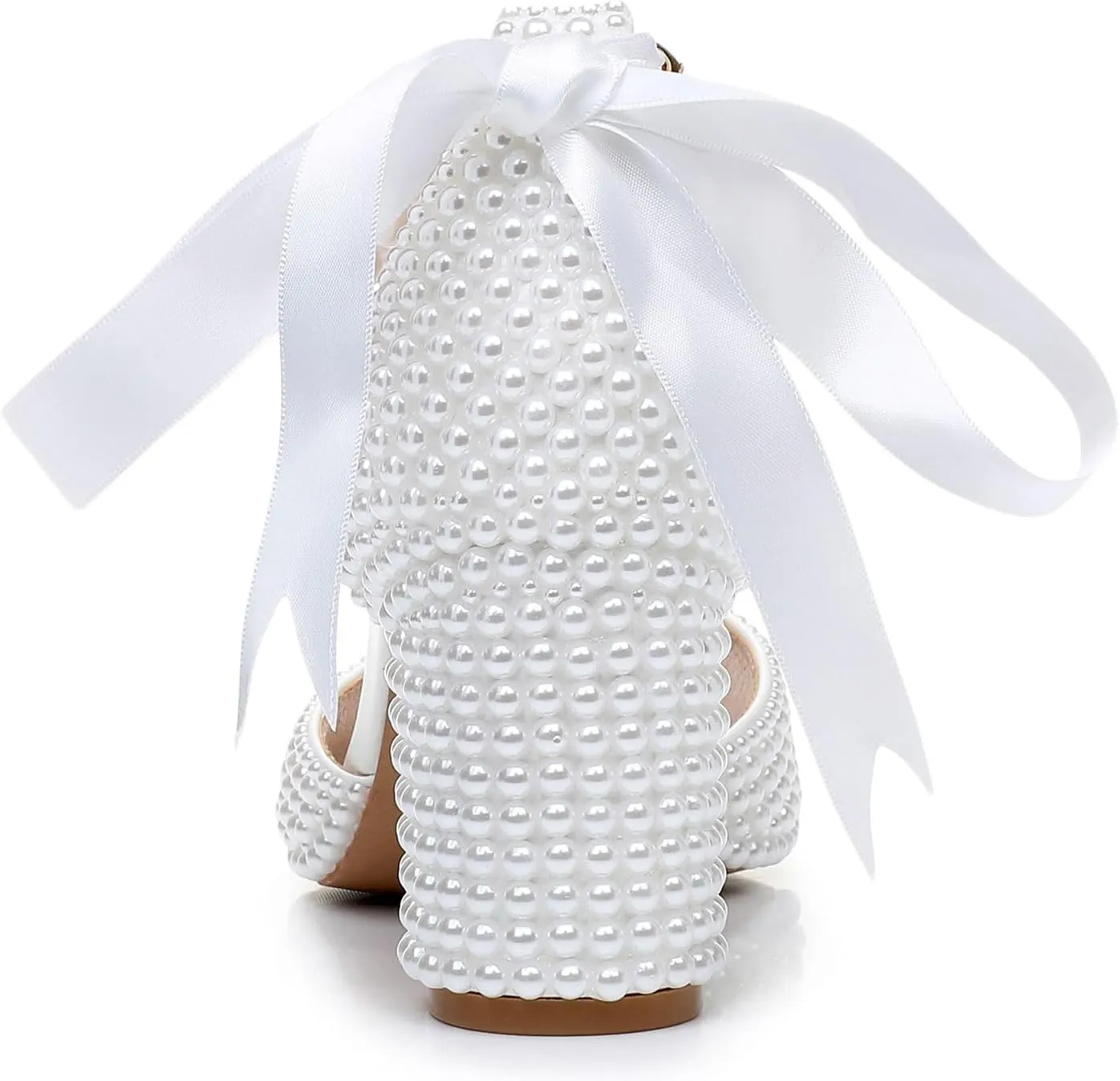 3 Inches Women Open Toe Sandals Square High Heels Banquet White Pearl Ribbon Dress Wedding Shoes