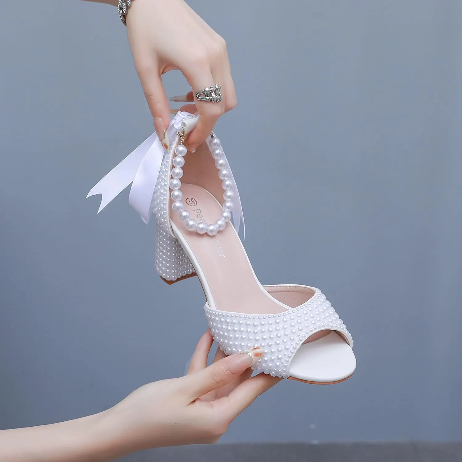 3 Inches Women Open Toe Sandals Square High Heels Banquet White Pearl Ribbon Dress Wedding Shoes