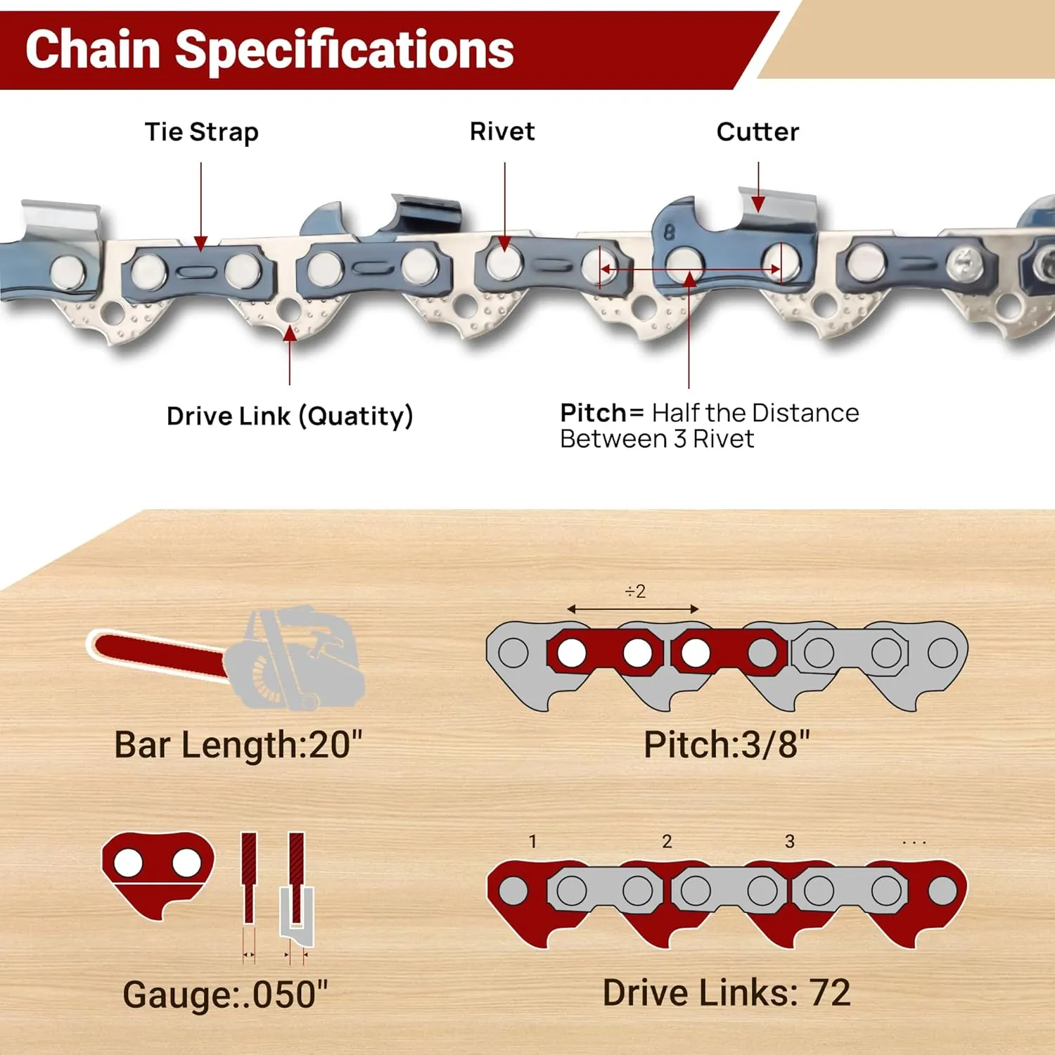 3-Pack 20 Inch Chainsaw Chain 72 Drive Links, 3/8" Pitch, 0.050" Gauge, Fit for Husqvarna, Stihl, Craftsman, Dolmar, Earthwise Chainsaws and More-E72
