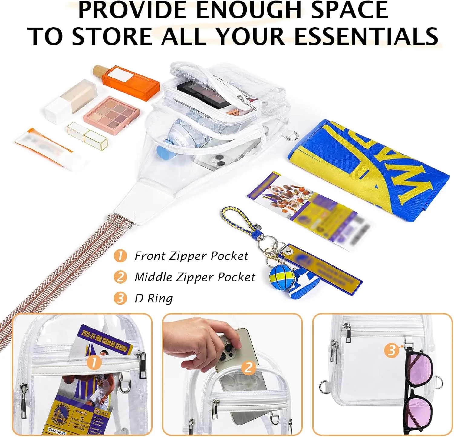 3 Pockets Clear Bag for Stadium Events, Large Clear Purses for Women Men, See Through Crossbody Stadium Bag