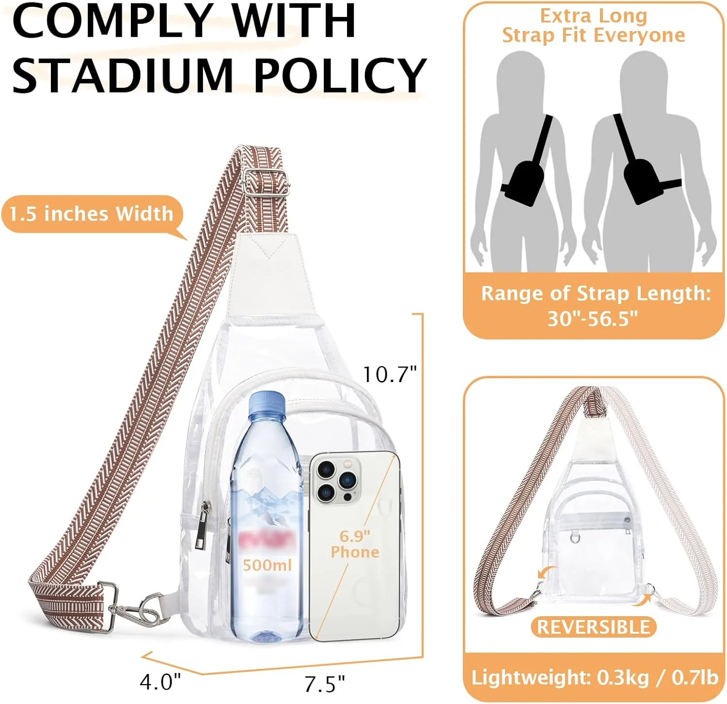 3 Pockets Clear Bag for Stadium Events, Large Clear Purses for Women Men, See Through Crossbody Stadium Bag