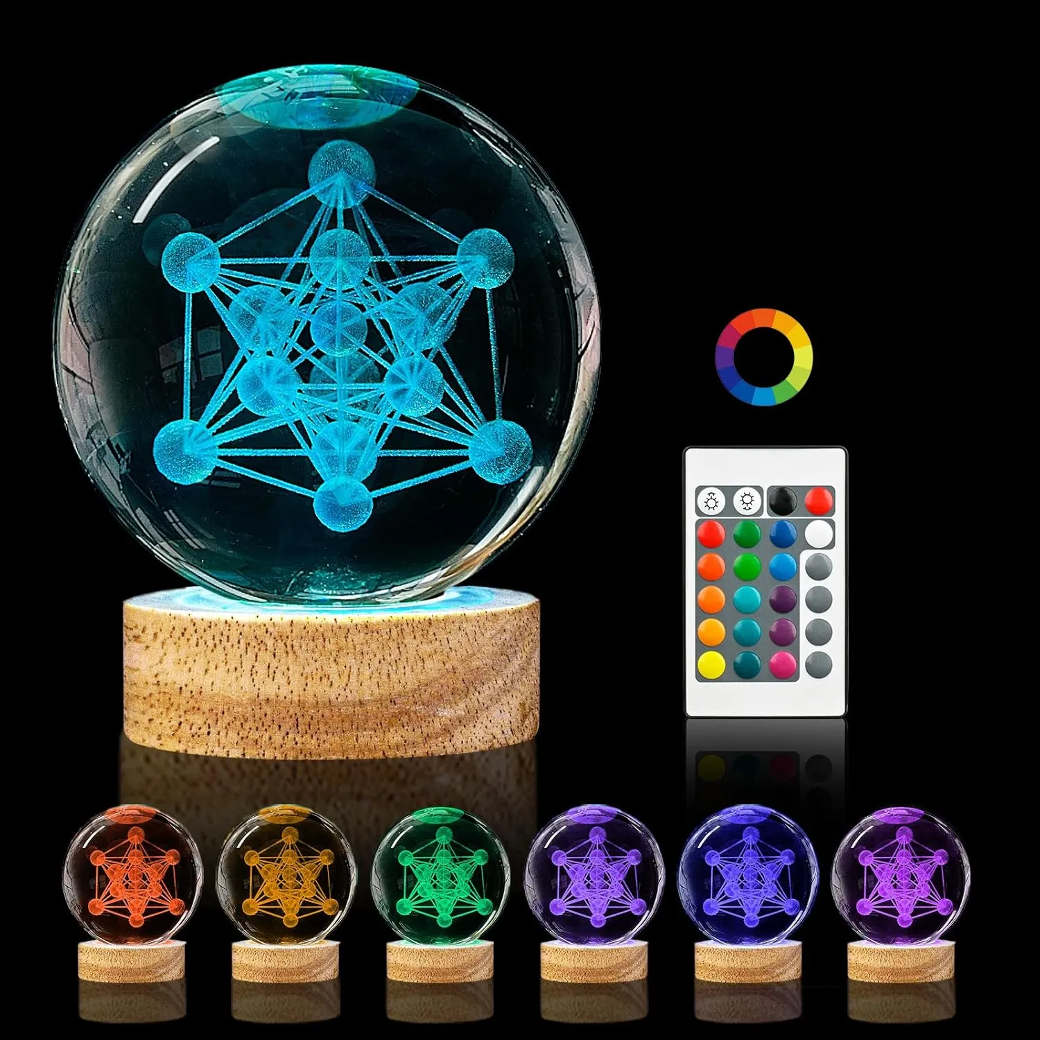 3D Metatron's Cube Crystal Ball Night Light,3.15in k9 Crystal Ball Lamp with 16 Colors Change,Wooden Base and Remote Control Metatron's Cube Gifts for Kids