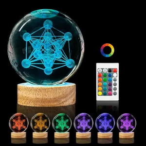 3D Metatron's Cube Crystal Ball Night Light,3.15in k9 Crystal Ball Lamp with 16 Colors Change,Wooden Base and Remote Control Metatron's Cube Gifts for Kids