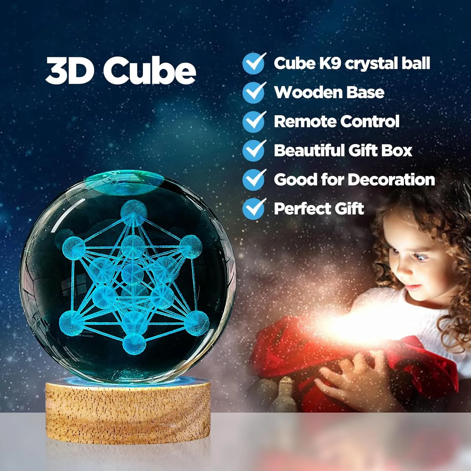 3D Metatron's Cube Crystal Ball Night Light,3.15in k9 Crystal Ball Lamp with 16 Colors Change,Wooden Base and Remote Control Metatron's Cube Gifts for Kids