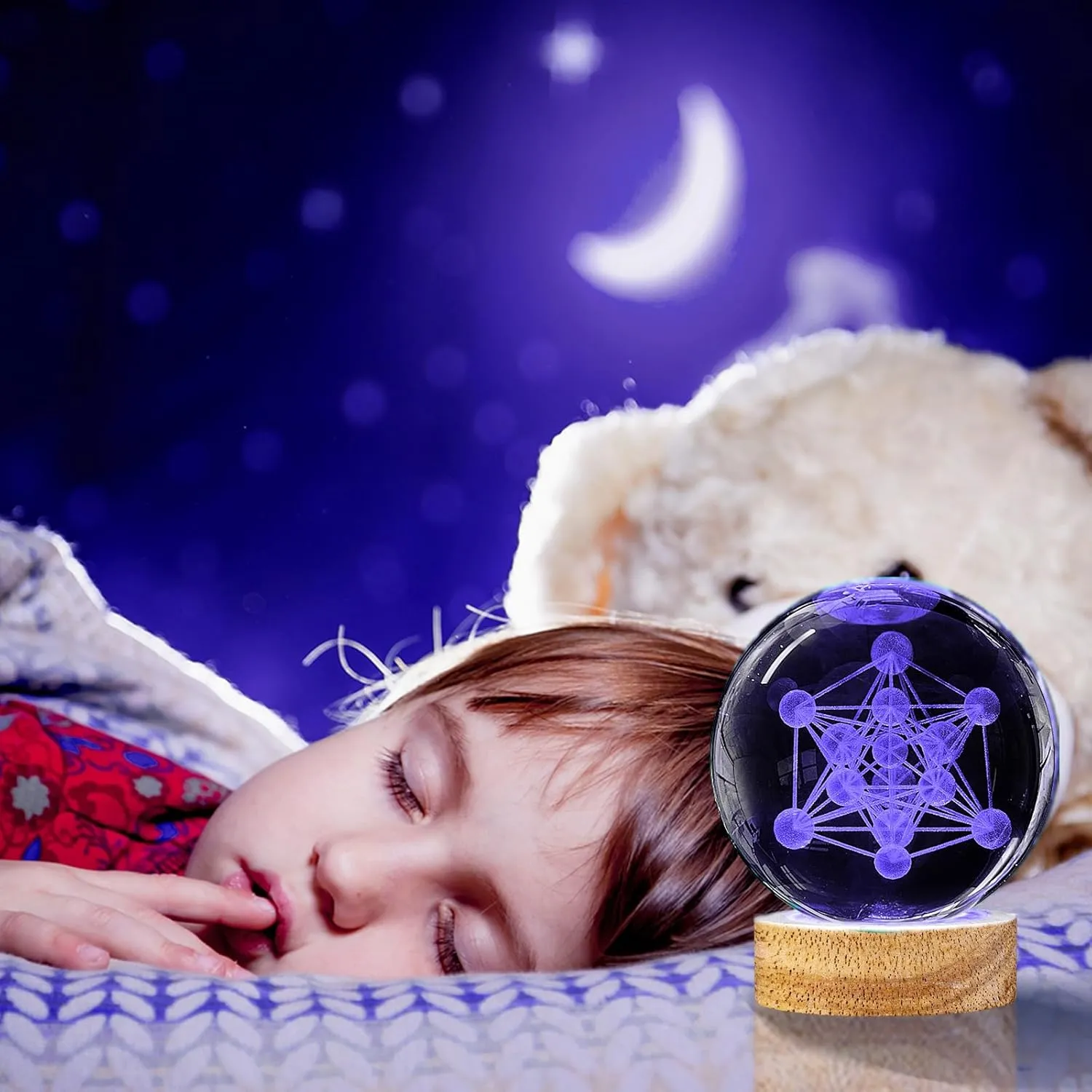 3D Metatron's Cube Crystal Ball Night Light,3.15in k9 Crystal Ball Lamp with 16 Colors Change,Wooden Base and Remote Control Metatron's Cube Gifts for Kids