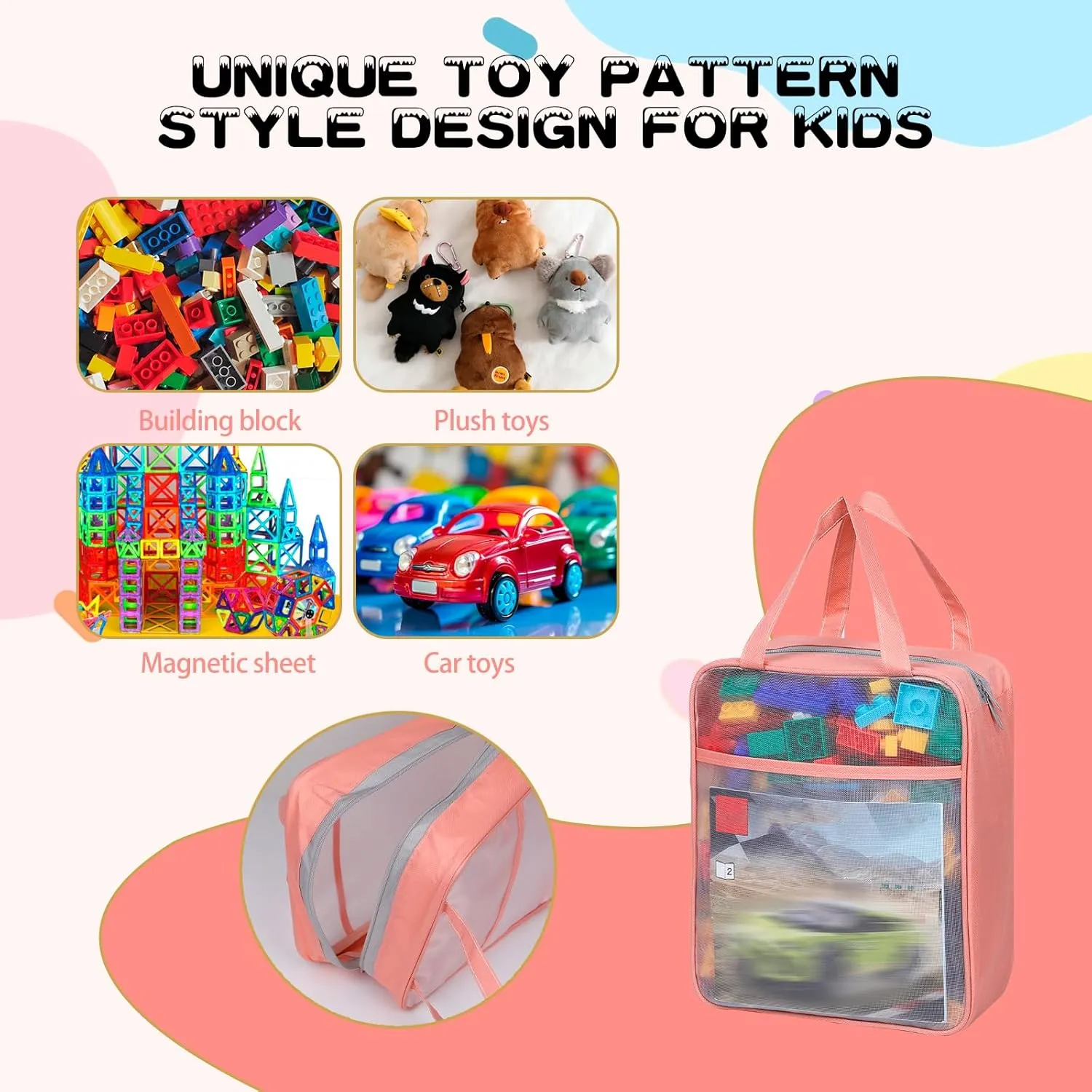 4 Pack Extra Large Mesh Toy Zipper Storage Bags(11.8 * 9.8 * 5.2in),Magnetic Tiles Block Sets Plush Toy Storage Organizer with Pockets, Travel Breathable See Through Colored Pouch with Handle