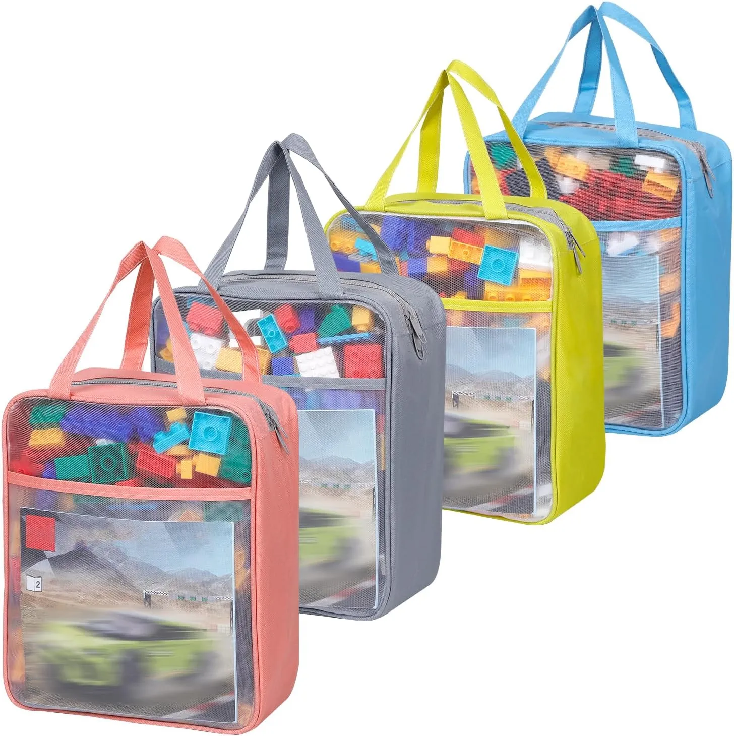 4 Pack Extra Large Mesh Toy Zipper Storage Bags(11.8 * 9.8 * 5.2in),Magnetic Tiles Block Sets Plush Toy Storage Organizer with Pockets, Travel Breathable See Through Colored Pouch with Handle