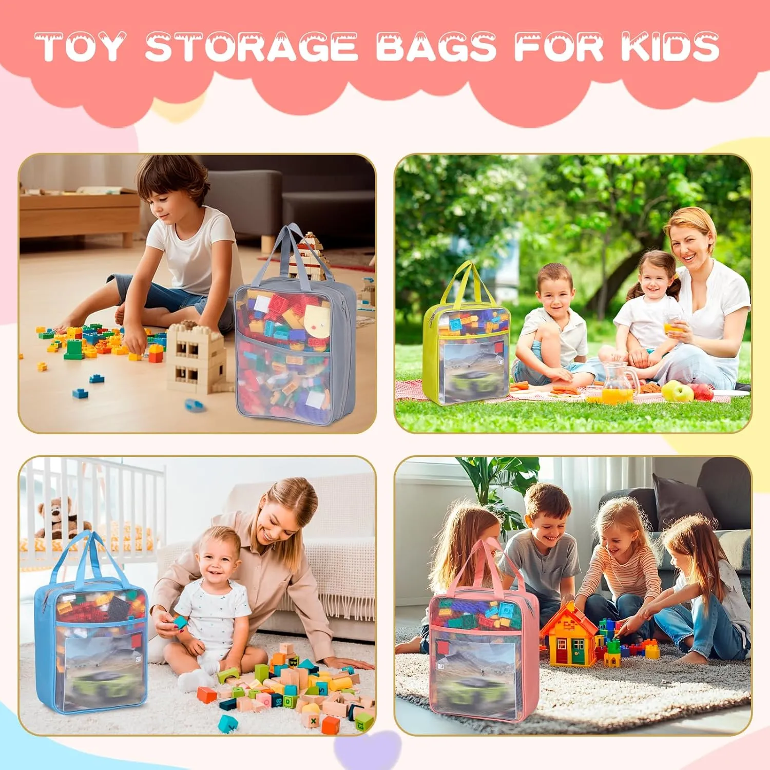 4 Pack Extra Large Mesh Toy Zipper Storage Bags(11.8 * 9.8 * 5.2in),Magnetic Tiles Block Sets Plush Toy Storage Organizer with Pockets, Travel Breathable See Through Colored Pouch with Handle