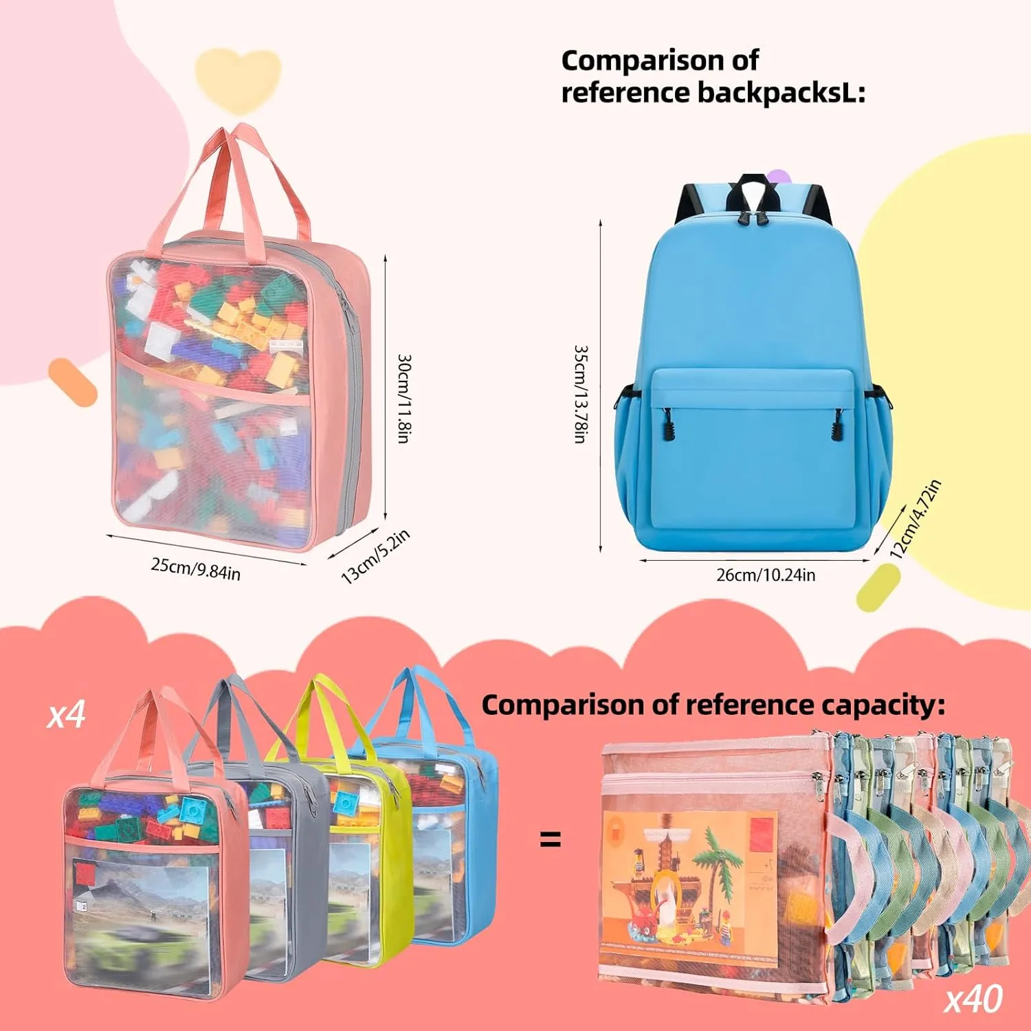 4 Pack Extra Large Mesh Toy Zipper Storage Bags(11.8 * 9.8 * 5.2in),Magnetic Tiles Block Sets Plush Toy Storage Organizer with Pockets, Travel Breathable See Through Colored Pouch with Handle