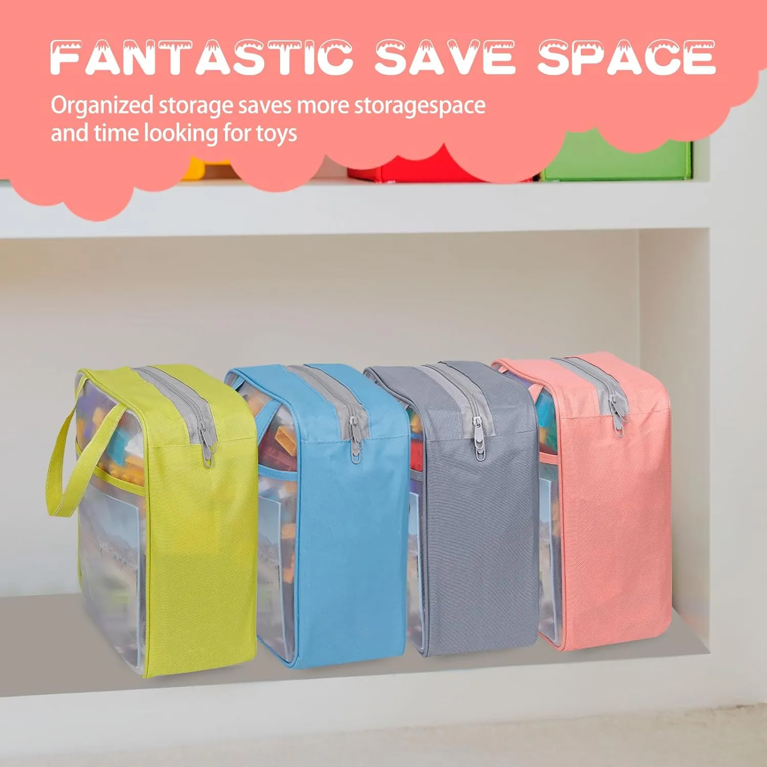 4 Pack Extra Large Mesh Toy Zipper Storage Bags(11.8 * 9.8 * 5.2in),Magnetic Tiles Block Sets Plush Toy Storage Organizer with Pockets, Travel Breathable See Through Colored Pouch with Handle