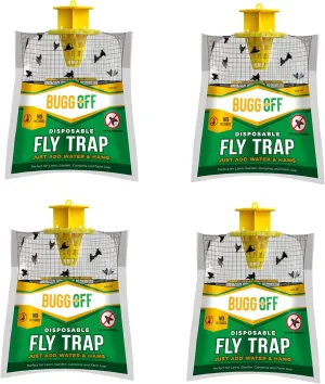 4 Pack Outdoor Disposabe Hanging Fly Traps with Natural Pre-Bait, Catches Flyes Everywhere Anywhere, Stables, Ranches, Cottages and More. Cut, Fill, and Hang!