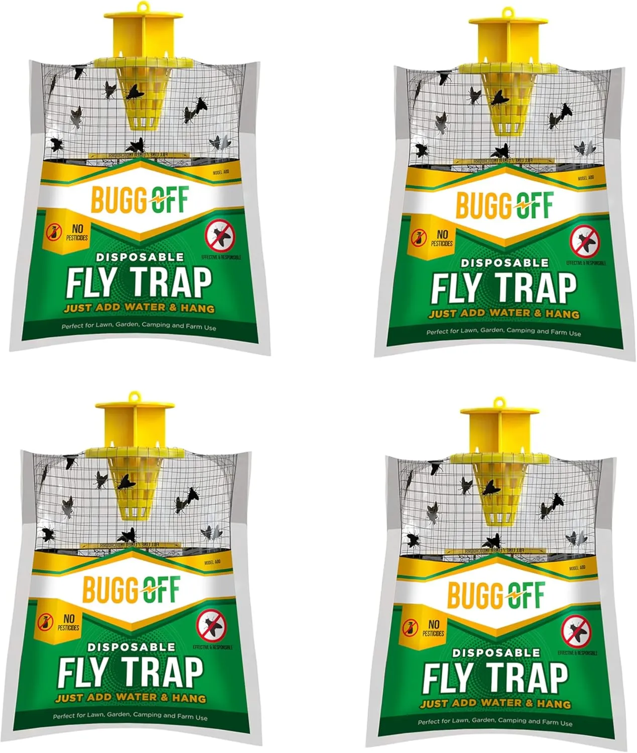 4 Pack Outdoor Disposabe Hanging Fly Traps with Natural Pre-Bait, Catches Flyes Everywhere Anywhere, Stables, Ranches, Cottages and More. Cut, Fill, and Hang!