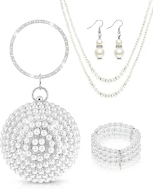 4 Pcs Faux Pearl Evening Clutch Purse Round Ball Silver Rhinestone Bag Pearl Jewelry Set for Women Evening Wedding Artificial Pearl Handbag