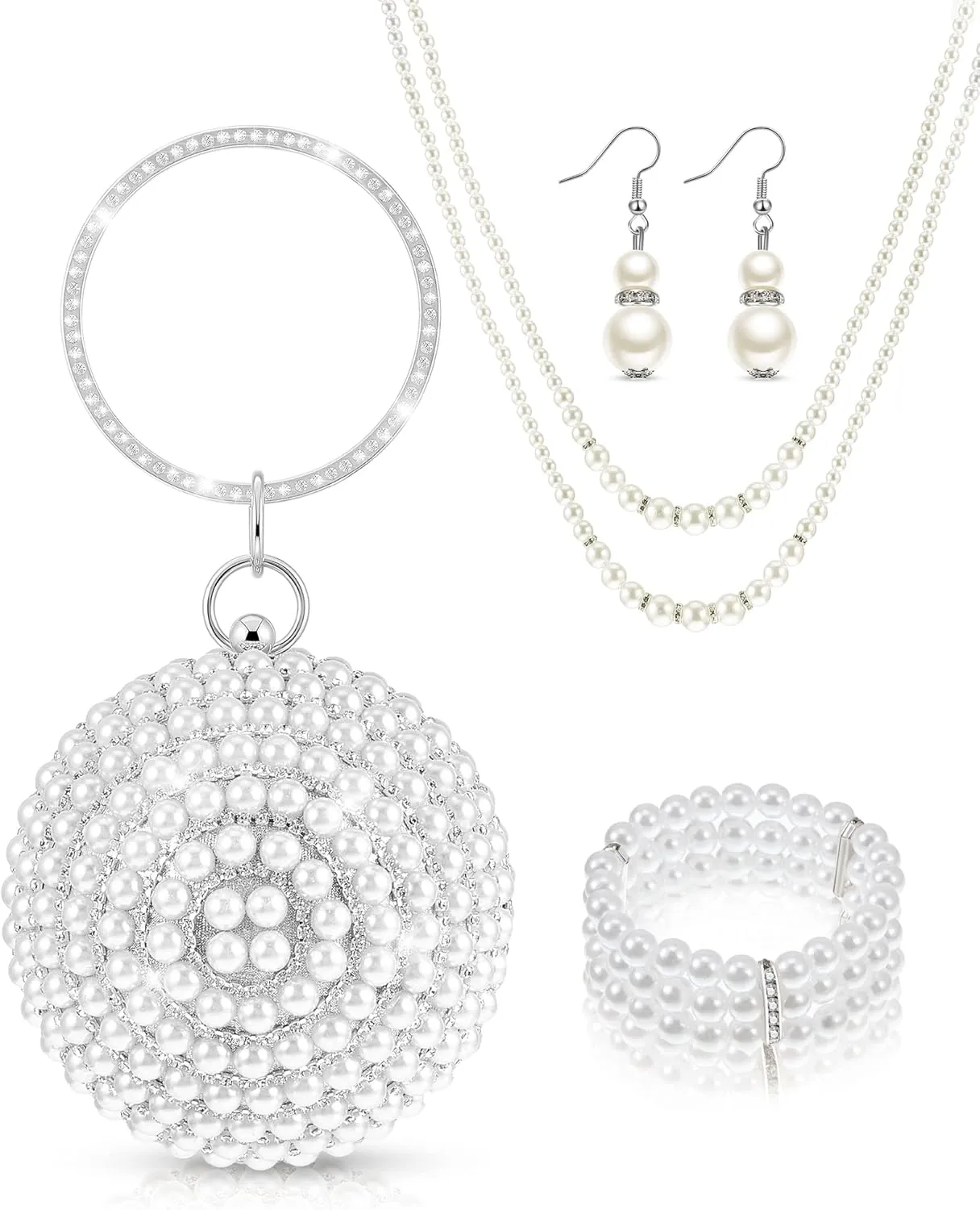 4 Pcs Faux Pearl Evening Clutch Purse Round Ball Silver Rhinestone Bag Pearl Jewelry Set for Women Evening Wedding Artificial Pearl Handbag