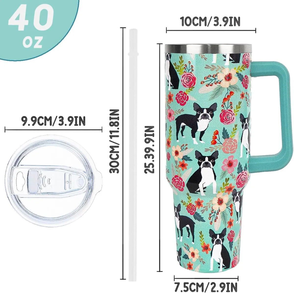 40 oz Tumbler with Handle and Straw Boston Terrier Tumbler Leak Proof Insulated Cup 40 oz Boston Dog Coffee Travel Mug Boston Terrier Decor Stuff Gifts for Women