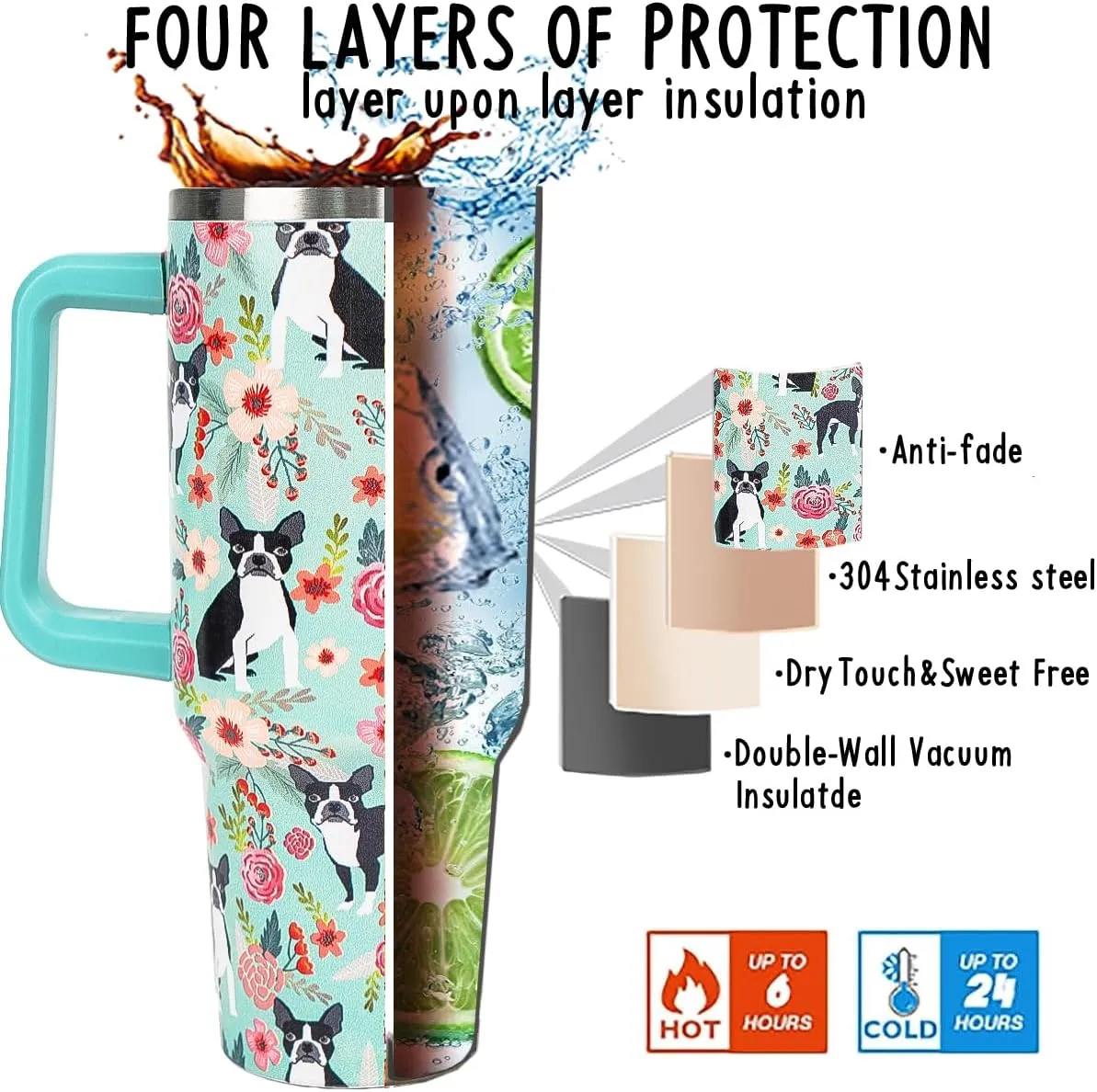 40 oz Tumbler with Handle and Straw Boston Terrier Tumbler Leak Proof Insulated Cup 40 oz Boston Dog Coffee Travel Mug Boston Terrier Decor Stuff Gifts for Women