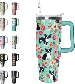 40 oz Tumbler with Handle and Straw Boston Terrier Tumbler Leak Proof Insulated Cup 40 oz Boston Dog Coffee Travel Mug Boston Terrier Decor Stuff Gifts for Women