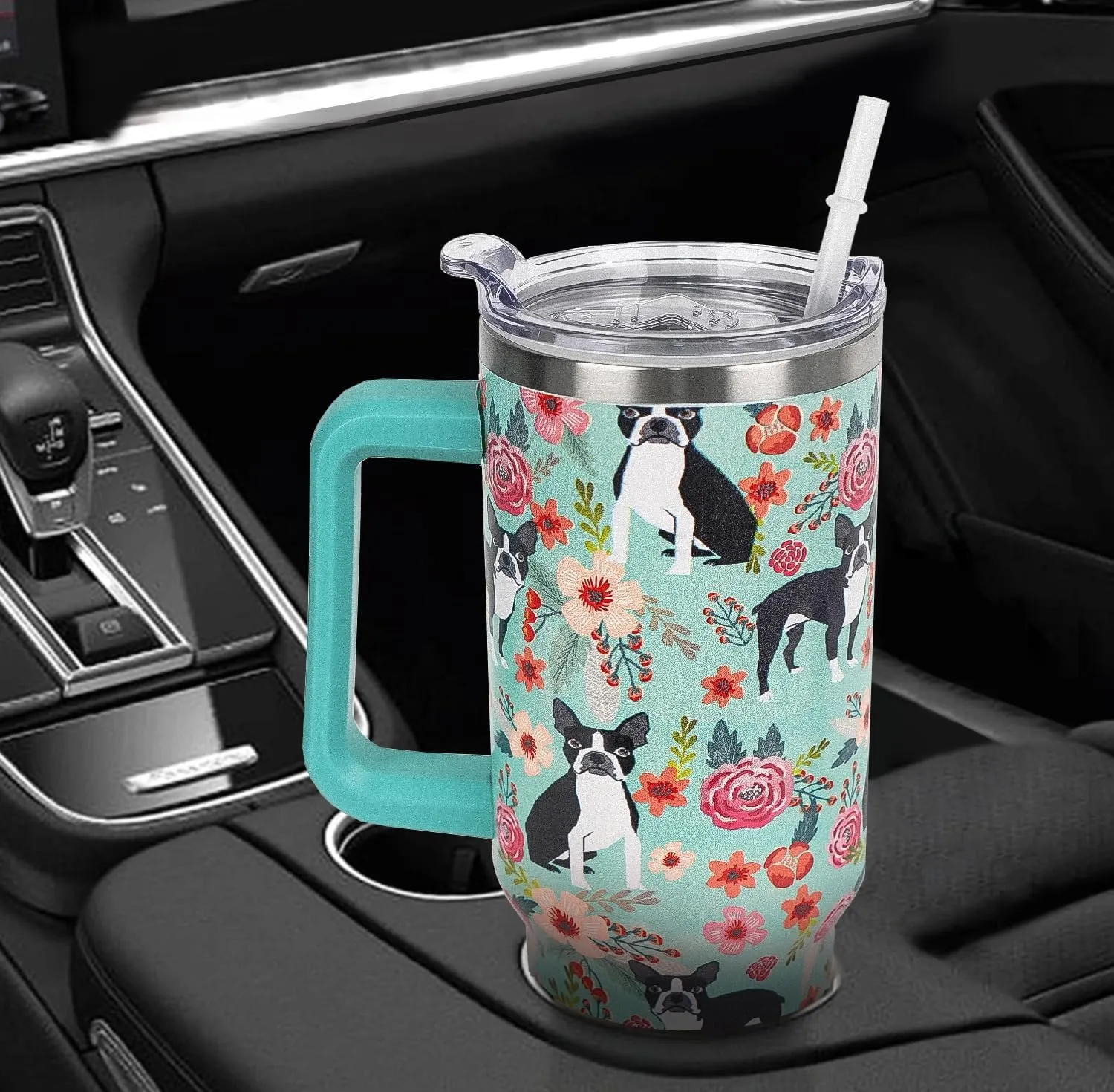 40 oz Tumbler with Handle and Straw Boston Terrier Tumbler Leak Proof Insulated Cup 40 oz Boston Dog Coffee Travel Mug Boston Terrier Decor Stuff Gifts for Women