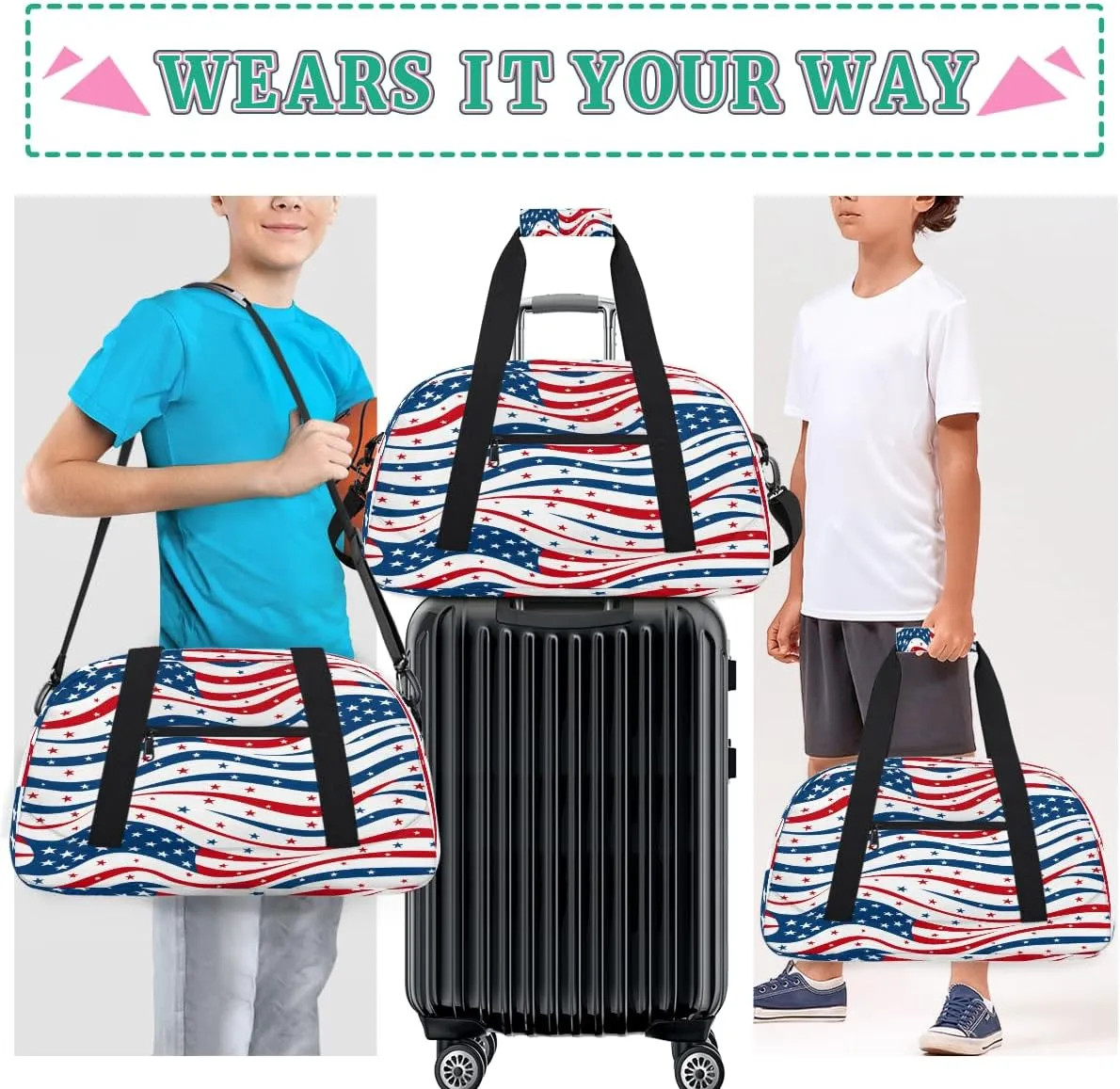 4th of July Usa Flag Kids Overnighter Duffel Bags for Boys, Carry-On Size Sports Gym Bag with Front Zipper Pocket for School Practice or Overnight Travel Weekender Sleepover Tote Bag