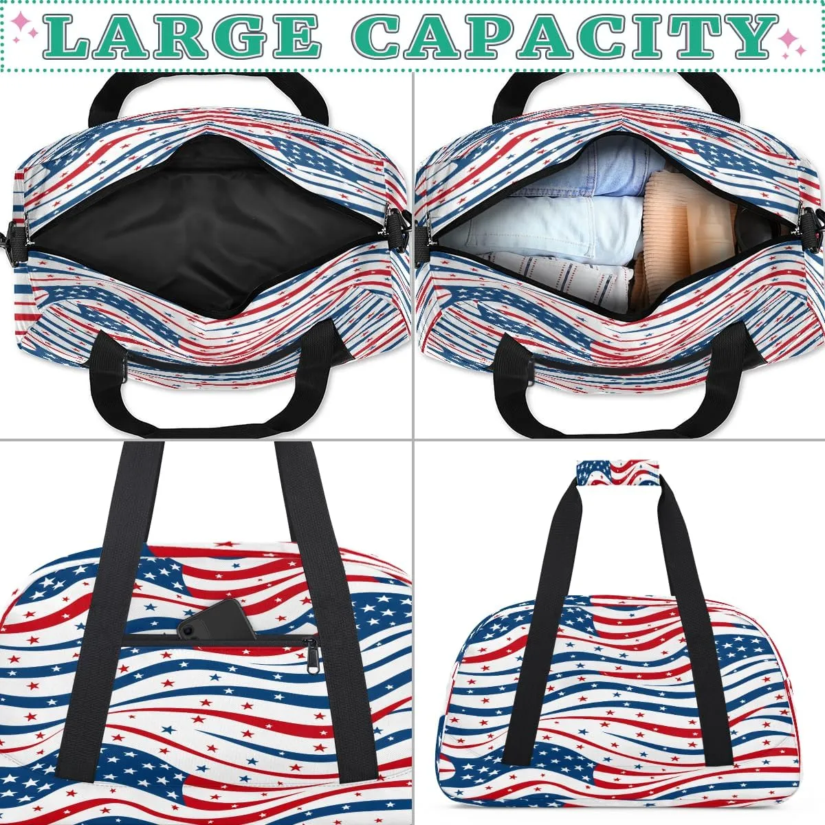 4th of July Usa Flag Kids Overnighter Duffel Bags for Boys, Carry-On Size Sports Gym Bag with Front Zipper Pocket for School Practice or Overnight Travel Weekender Sleepover Tote Bag