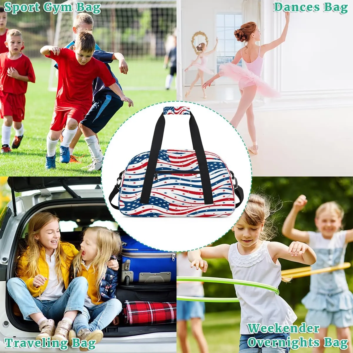 4th of July Usa Flag Kids Overnighter Duffel Bags for Boys, Carry-On Size Sports Gym Bag with Front Zipper Pocket for School Practice or Overnight Travel Weekender Sleepover Tote Bag