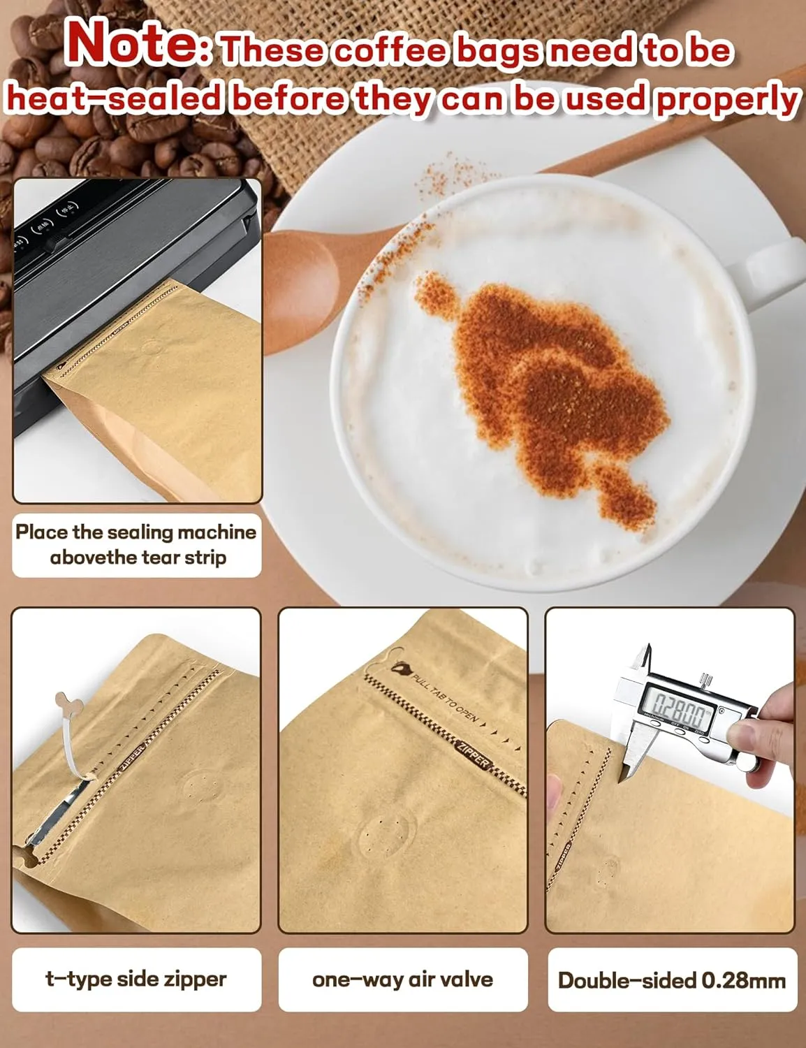 50 PCS Coffee Bags with Valve, (8 oz, 0.5 lb) Kraft Paper Stand Up Pouches, Resealable Coffee Bean Bags, Vented Food Storage Bags Side Zipper(Kraft)
