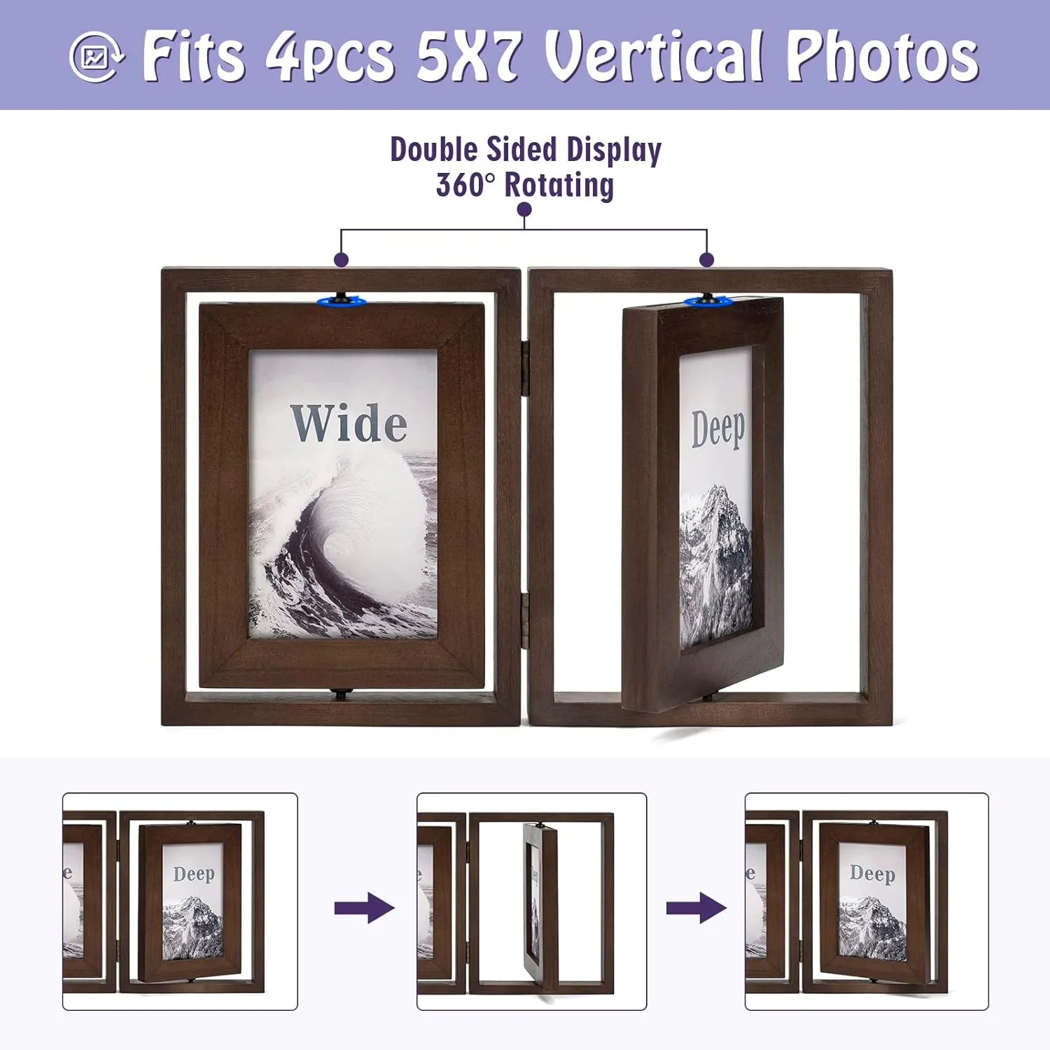 5x7 Picture Frame Rustic Wood Hinged Folding Double Photo Frame, Double Sided Display Rotatable High Definition Glass Collage Picture Frames Vertically on TableTop (Walnut)