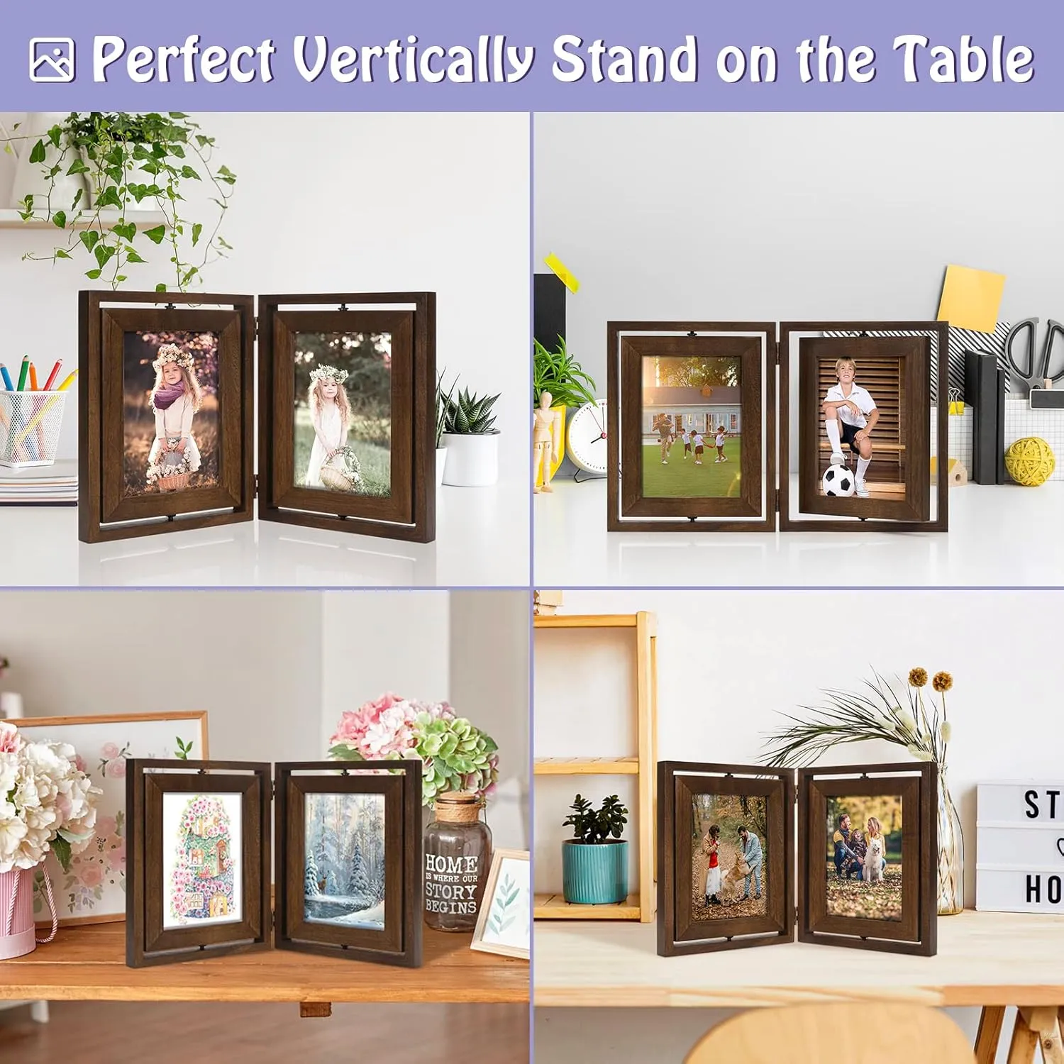 5x7 Picture Frame Rustic Wood Hinged Folding Double Photo Frame, Double Sided Display Rotatable High Definition Glass Collage Picture Frames Vertically on TableTop (Walnut)