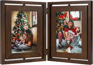5x7 Picture Frame Rustic Wood Hinged Folding Double Photo Frame, Double Sided Display Rotatable High Definition Glass Collage Picture Frames Vertically on TableTop (Walnut)