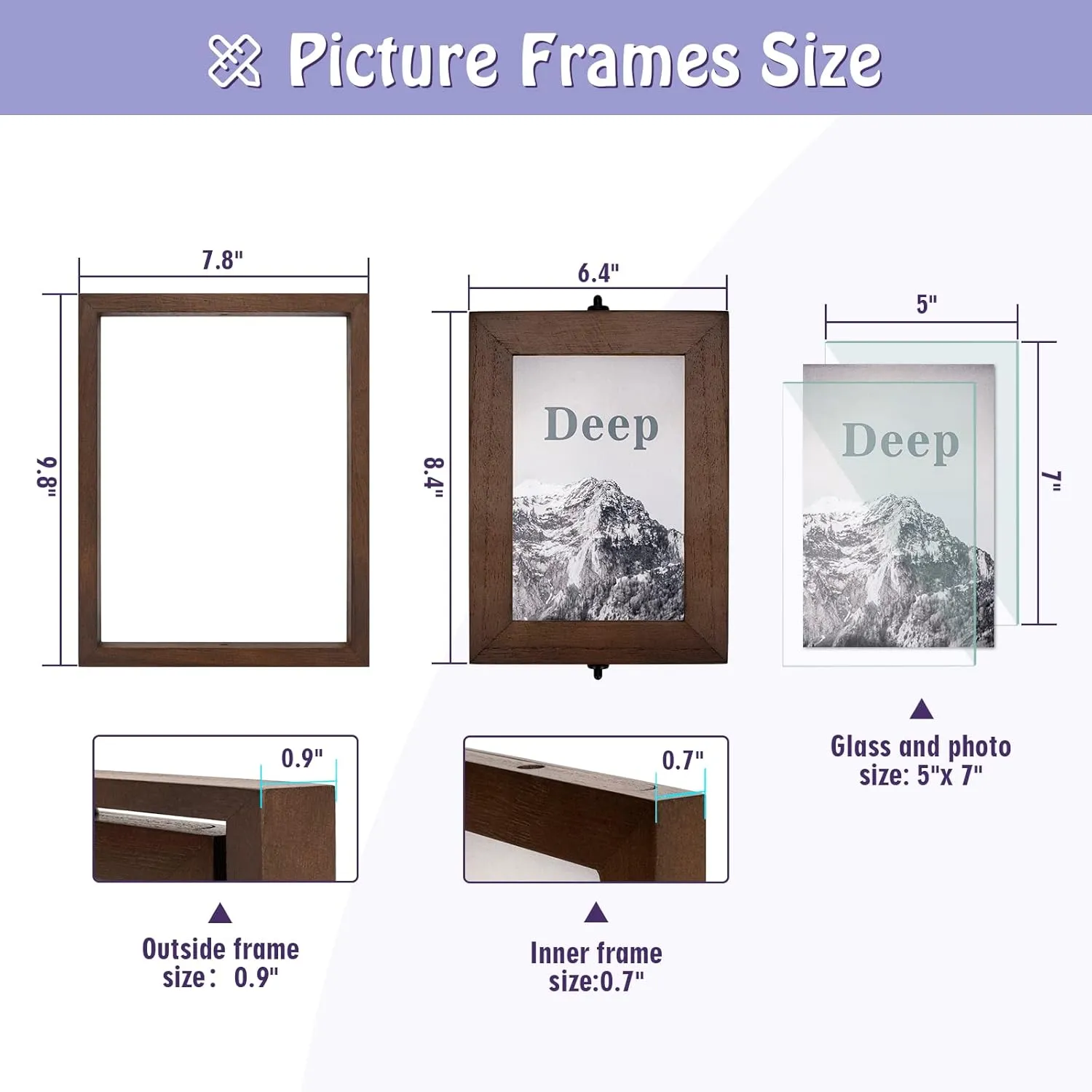5x7 Picture Frame Rustic Wood Hinged Folding Double Photo Frame, Double Sided Display Rotatable High Definition Glass Collage Picture Frames Vertically on TableTop (Walnut)