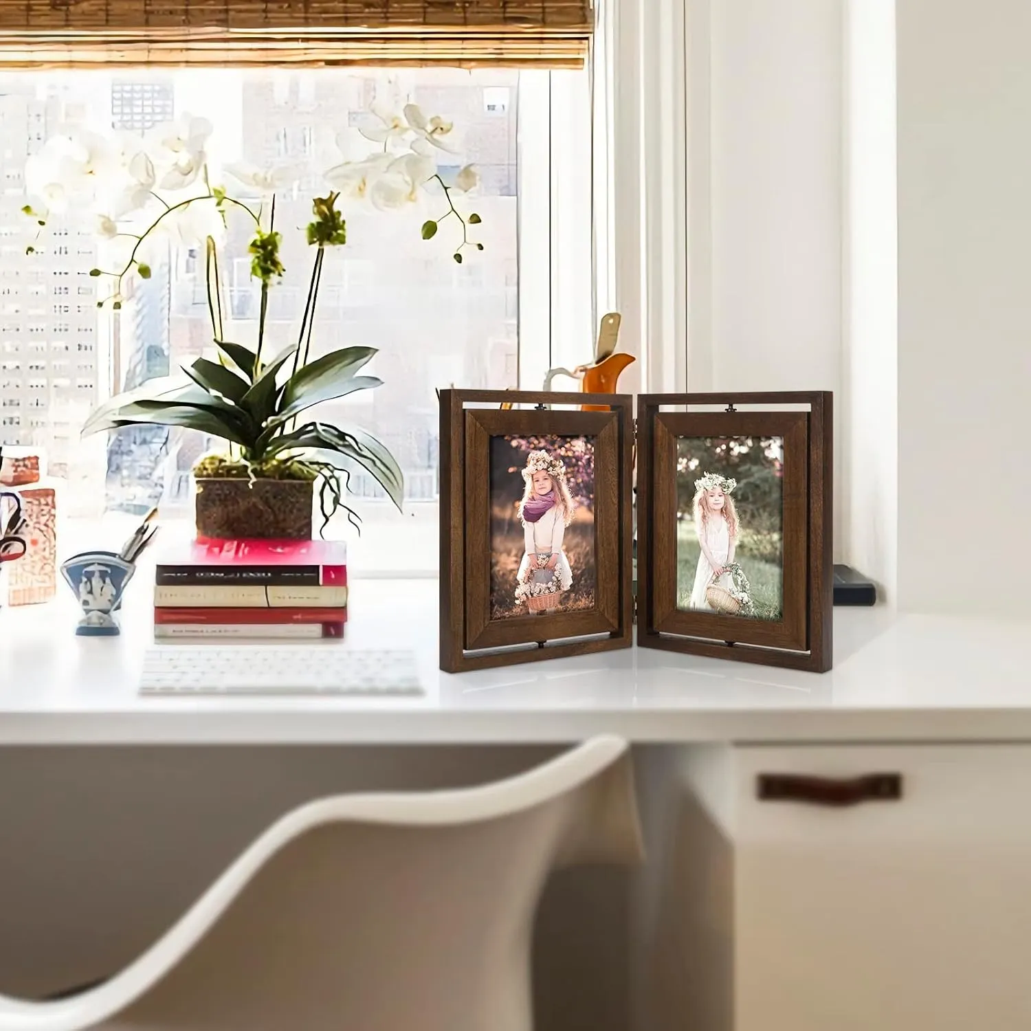 5x7 Picture Frame Rustic Wood Hinged Folding Double Photo Frame, Double Sided Display Rotatable High Definition Glass Collage Picture Frames Vertically on TableTop (Walnut)