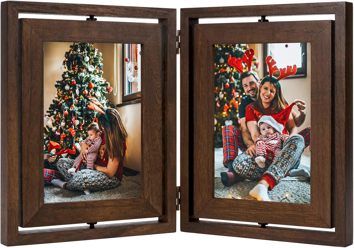 5x7 Picture Frame Rustic Wood Hinged Folding Double Photo Frame, Double Sided Display Rotatable High Definition Glass Collage Picture Frames Vertically on TableTop (Walnut)