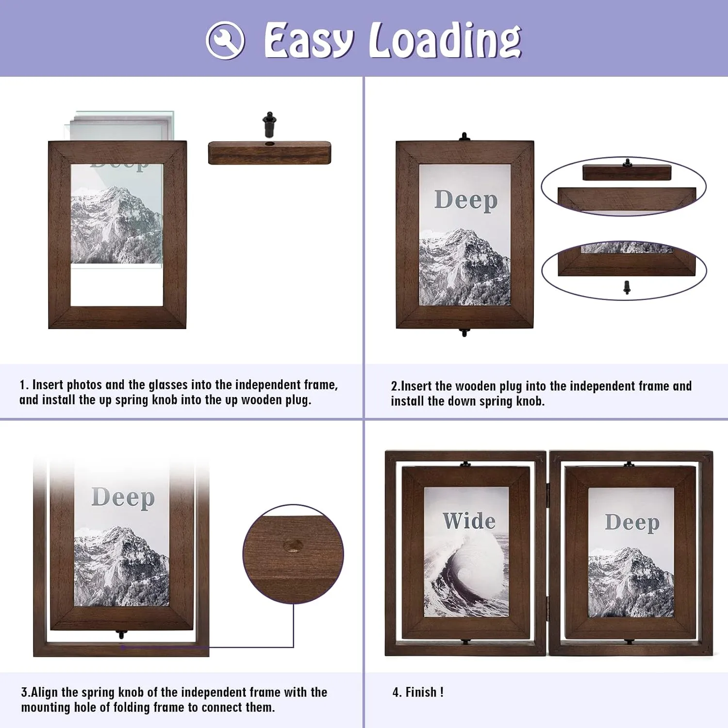 5x7 Picture Frame Rustic Wood Hinged Folding Double Photo Frame, Double Sided Display Rotatable High Definition Glass Collage Picture Frames Vertically on TableTop (Walnut)