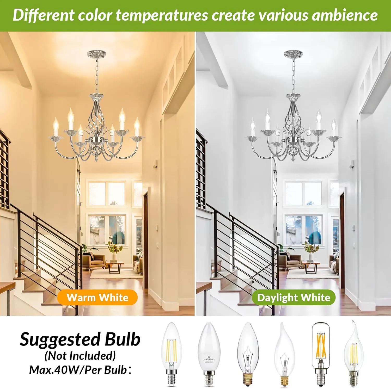 6-Light Farmhouse Candle Chandelier for Living Room, Rustic Industrial Pendant Ceiling Light fixture, Brushed Nickle Modern Ceiling Hanging Lamp for Bedroom Hallway Kitchen Dining Room Foyer, E12 Base