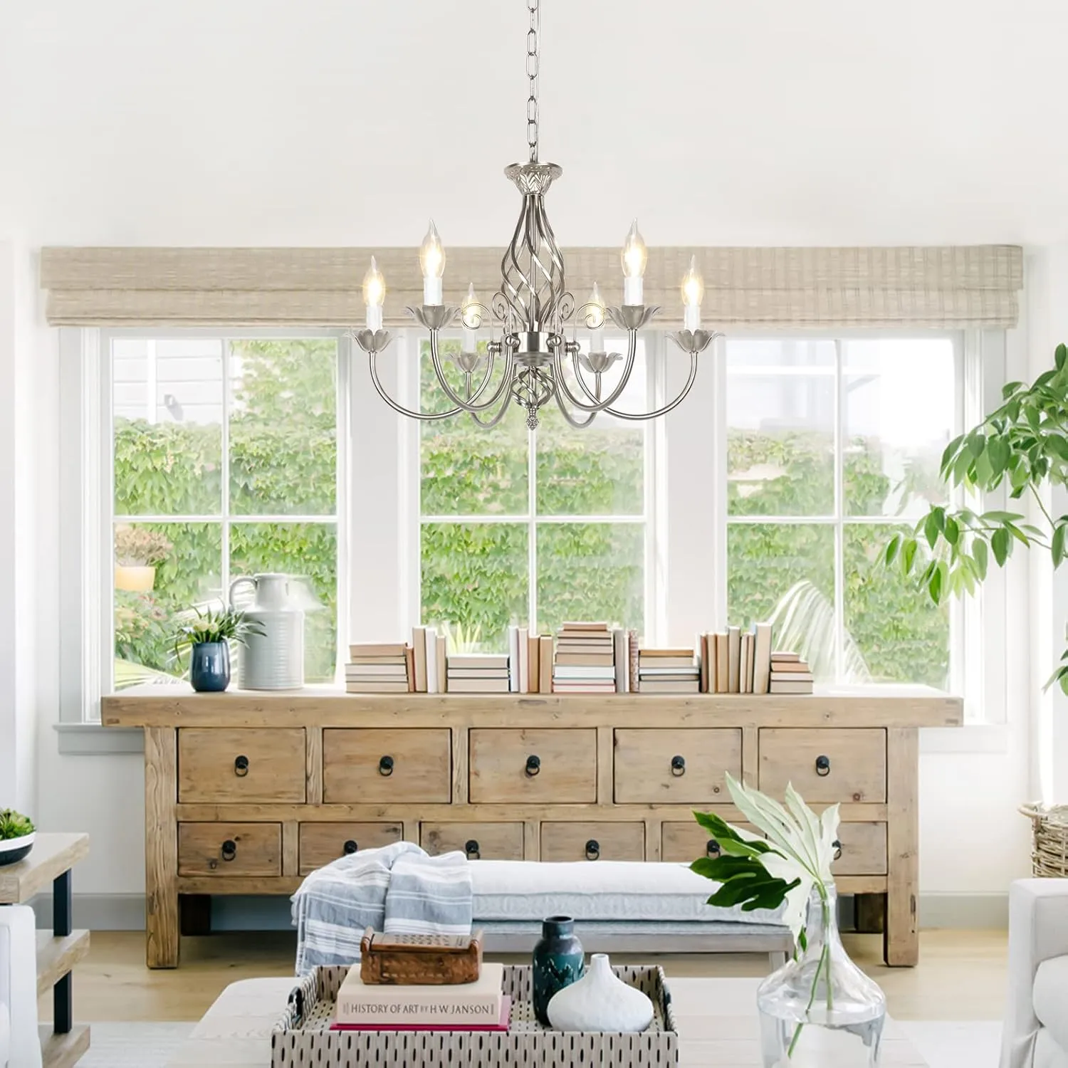 6-Light Farmhouse Candle Chandelier for Living Room, Rustic Industrial Pendant Ceiling Light fixture, Brushed Nickle Modern Ceiling Hanging Lamp for Bedroom Hallway Kitchen Dining Room Foyer, E12 Base