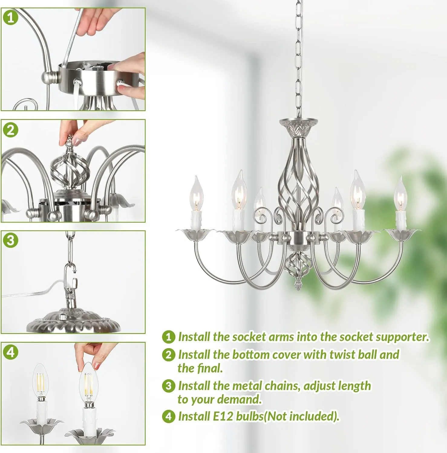 6-Light Farmhouse Candle Chandelier for Living Room, Rustic Industrial Pendant Ceiling Light fixture, Brushed Nickle Modern Ceiling Hanging Lamp for Bedroom Hallway Kitchen Dining Room Foyer, E12 Base