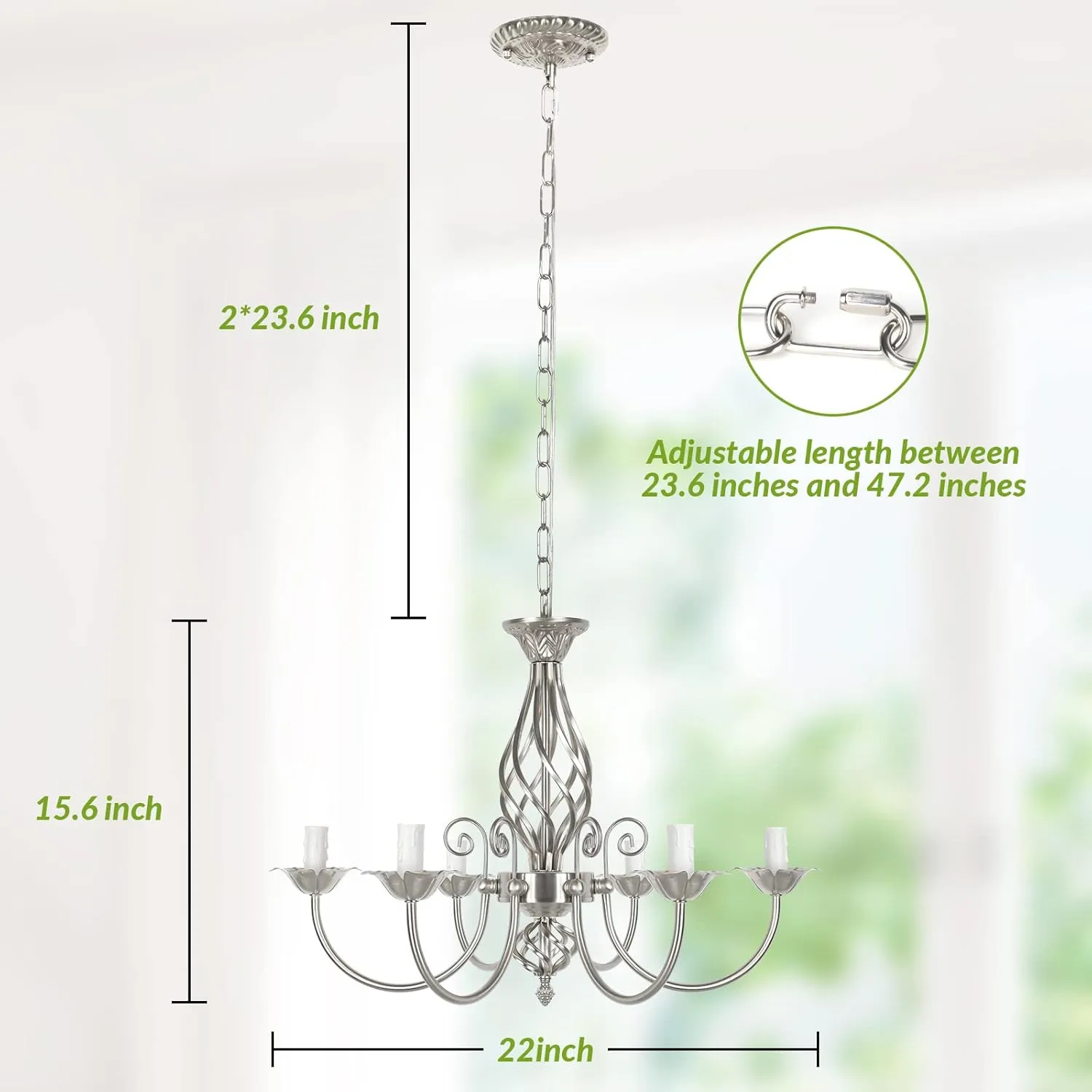 6-Light Farmhouse Candle Chandelier for Living Room, Rustic Industrial Pendant Ceiling Light fixture, Brushed Nickle Modern Ceiling Hanging Lamp for Bedroom Hallway Kitchen Dining Room Foyer, E12 Base