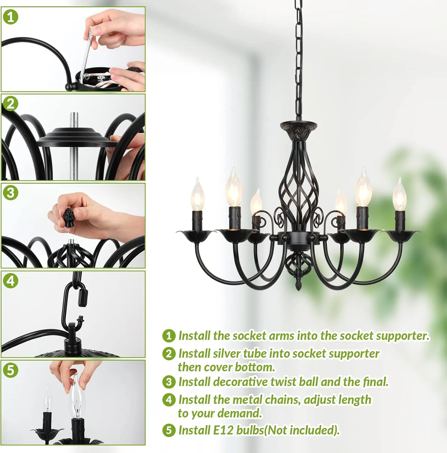 6-Light Farmhouse Candle Chandelier for Living Room, Rustic Industrial Pendant Ceiling Light fixture, Vintage Hanging Lamp for Bedroom Hallway Kitchen Dining Room Foyer, Matte Black E12 Socket