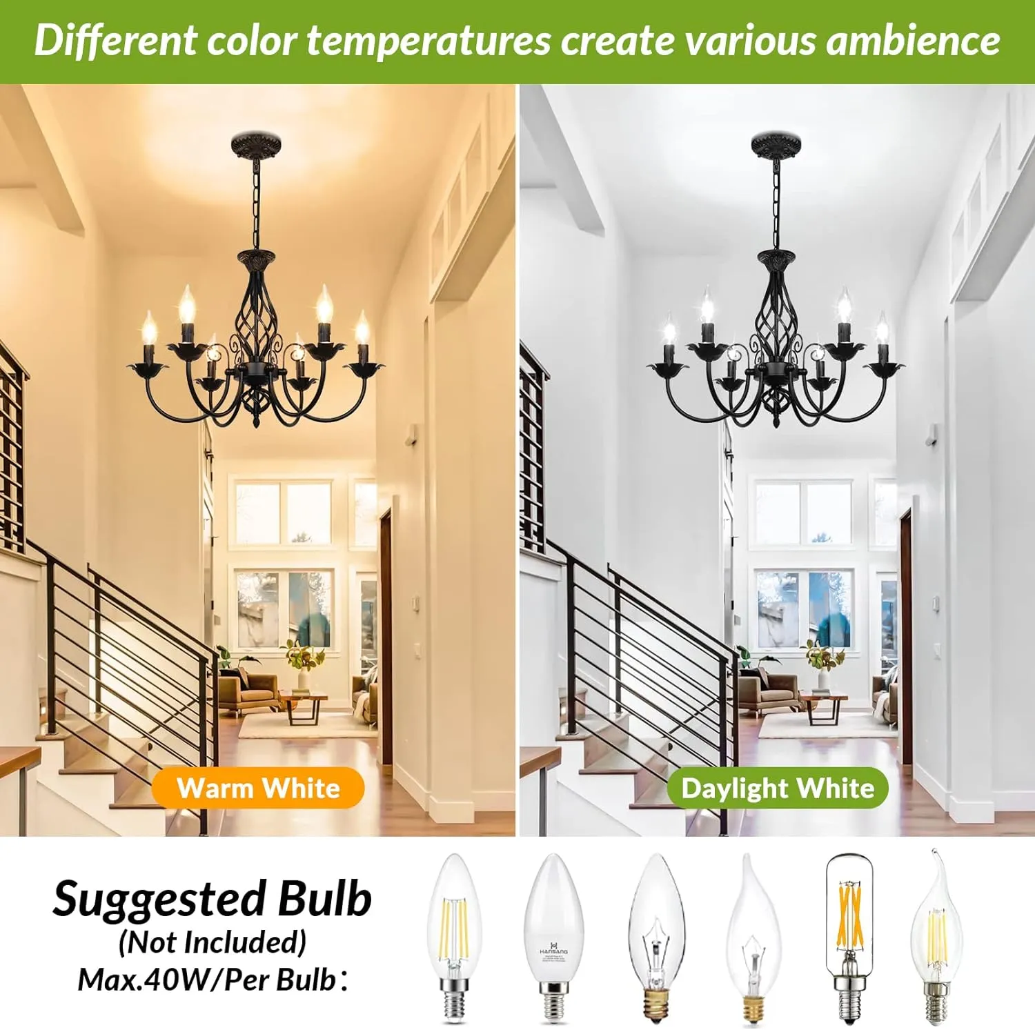 6-Light Farmhouse Candle Chandelier for Living Room, Rustic Industrial Pendant Ceiling Light fixture, Vintage Hanging Lamp for Bedroom Hallway Kitchen Dining Room Foyer, Matte Black E12 Socket