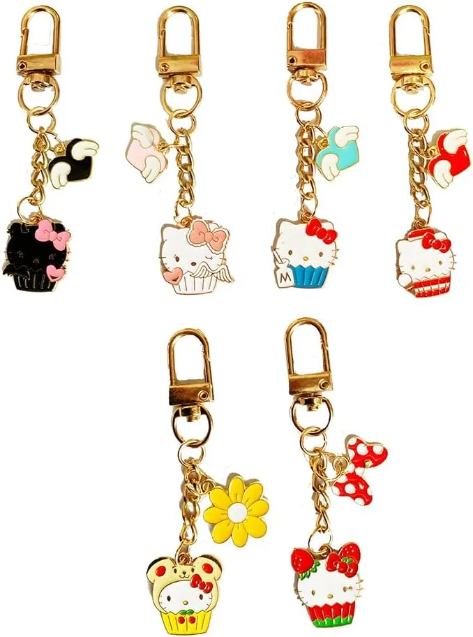 6-Piece Small Metal Gold Friendship Anime Charm For Purse Wallet, Mixed Enamel Popular Cartoon Cat Animal Keychains Women Kawaii Keyrings Kitty Key Holder Pack