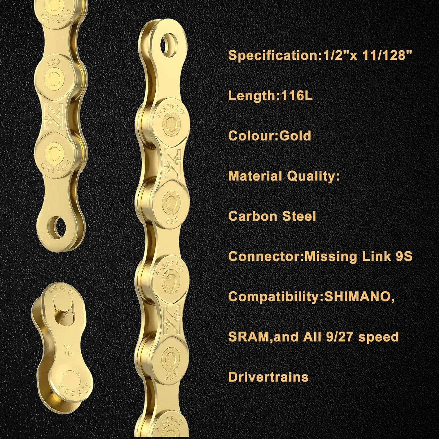 6/7/8/9/10/11/12speed Bike Chain -Bicycle Chain Compatible with Shimano, SRAM, Campagnolo and All Major Systems for Road Mountain Gravel Bike,Missing Link Included (Gold, 9 Speed)