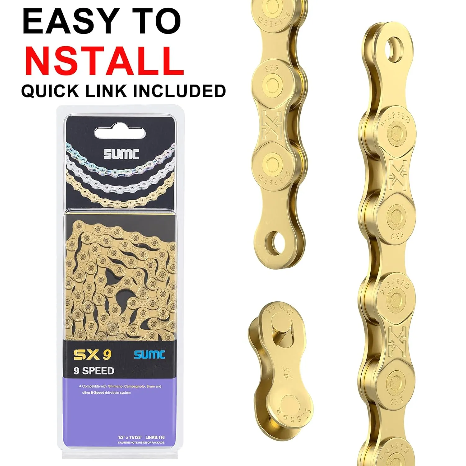 6/7/8/9/10/11/12speed Bike Chain -Bicycle Chain Compatible with Shimano, SRAM, Campagnolo and All Major Systems for Road Mountain Gravel Bike,Missing Link Included (Gold, 9 Speed)