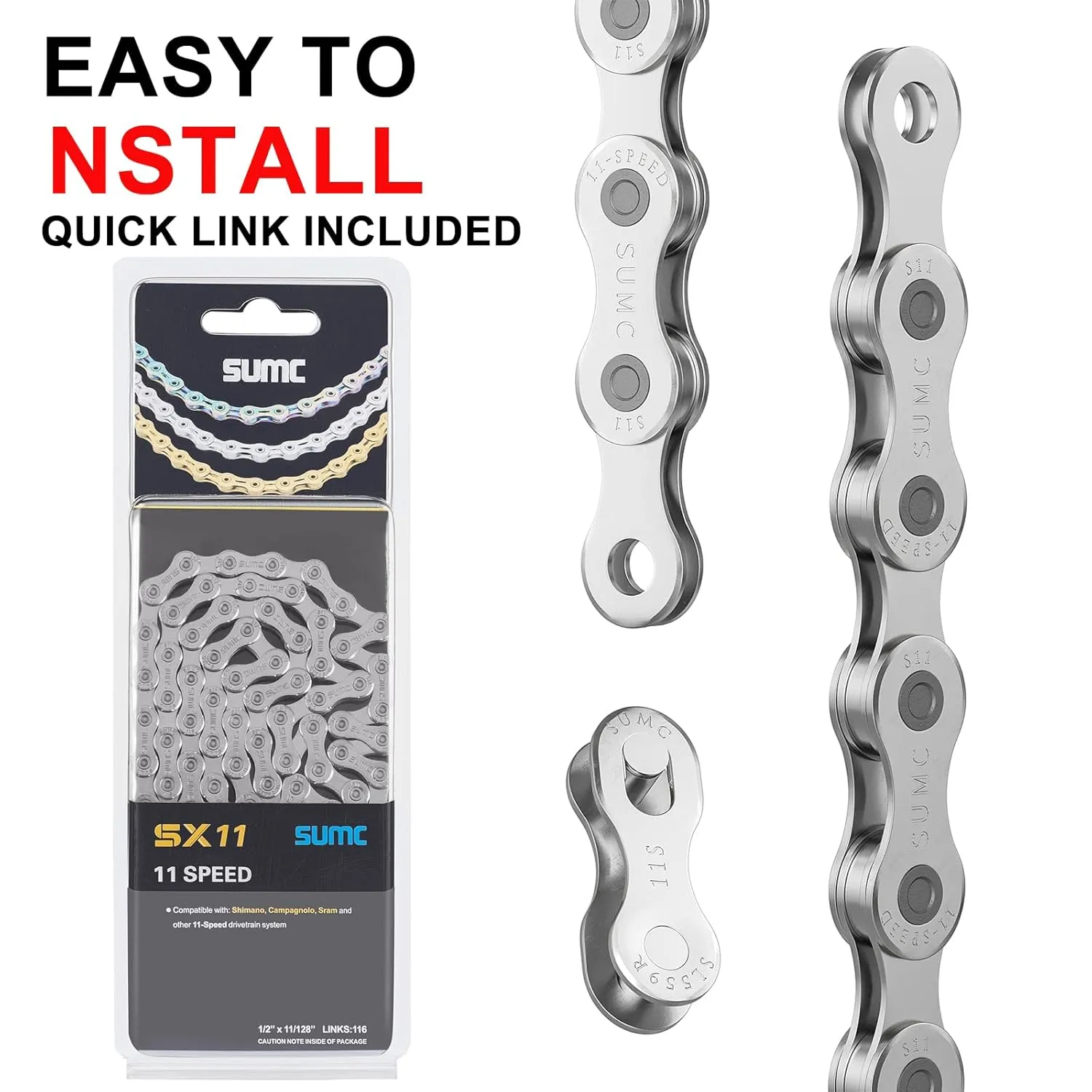6/7/8/9/10/11/12speed Bike Chain -Bicycle Chain Compatible with Shimano, SRAM, Campagnolo and All Major Systems for Road Mountain Gravel Bike,Missing Link Included(Silver, 11 Speed)