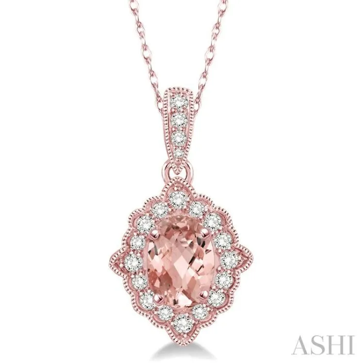 6x4 MM Ethnic Oval Cut Morganite and 1/6 ctw Round Cut Diamond Semi Precious Pendant in 10K Rose Gold with chain