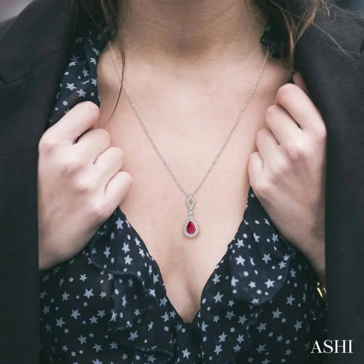 6x4 MM Pear Shape Ruby and 1/6 ctw Round Cut Diamond Precious Pendant With Chain in 10K White Gold