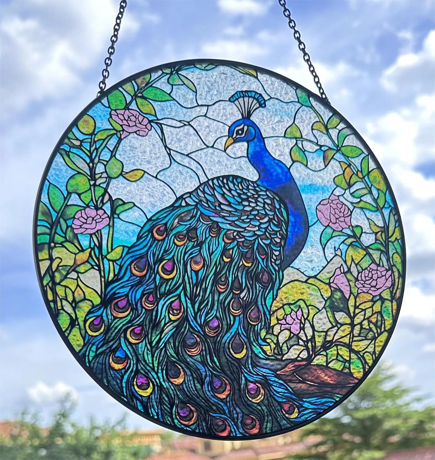 7.8'' Peacock Decor Suncatcher Stained Glass - Originally Designed Peacock Suncatchers for Sun Catchers Indoor Window | Painted Glass Panel Decor Themed Gift