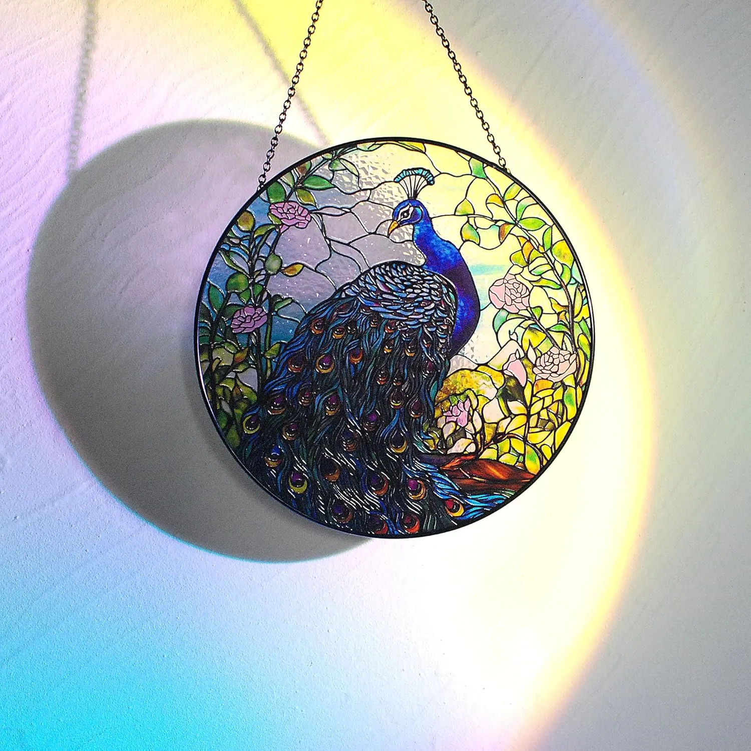 7.8'' Peacock Decor Suncatcher Stained Glass - Originally Designed Peacock Suncatchers for Sun Catchers Indoor Window | Painted Glass Panel Decor Themed Gift